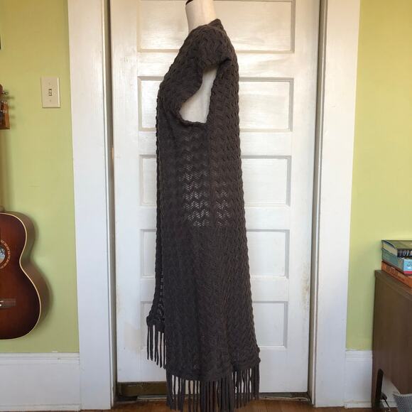 Open Front Chevron Knit Long Cardigan Duster Brown Fringe OS Y2K Boho Festival - Picture 3 of 9